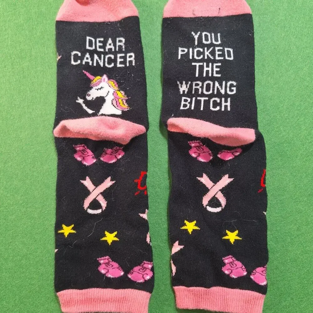 Pink Black Unicorn Breast Cancer Awareness Womens Funny Inspirational Socks NWT